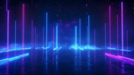 A vibrant neon landscape with glowing lines, creating a futuristic and dreamlike atmosphere in a dark space. Stage for product presentation.