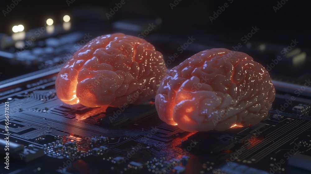 Poster symbolizing the fusion of human intelligence with machine learning capabilities, the brain glows fro