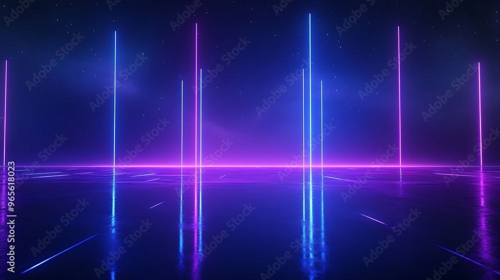 Poster a vibrant neon landscape with glowing lines reflecting on a smooth surface, creating a futuristic at