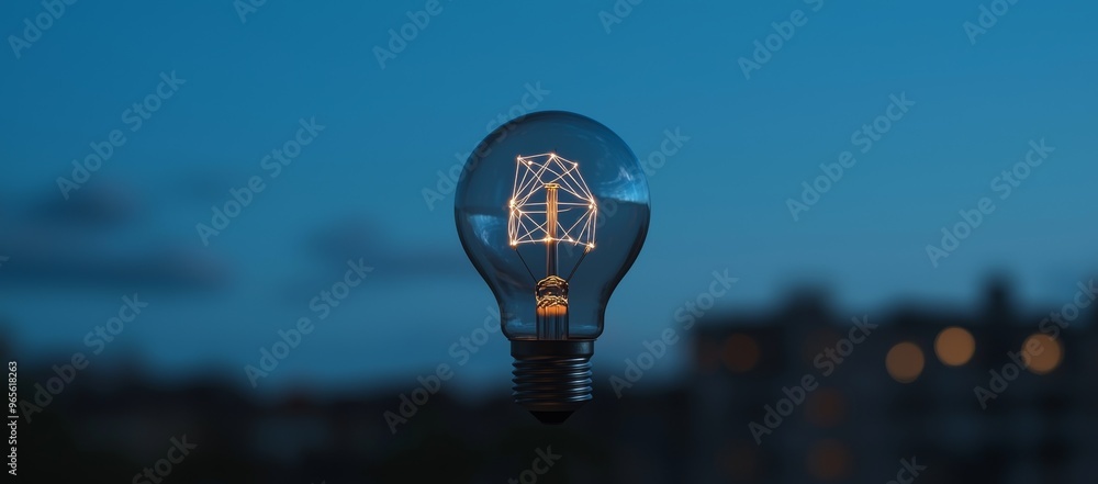Poster conceptual image of a light bulb with a complex digital network inside against a dark technological 