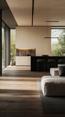 A modern and spacious living room with a minimalist design.	