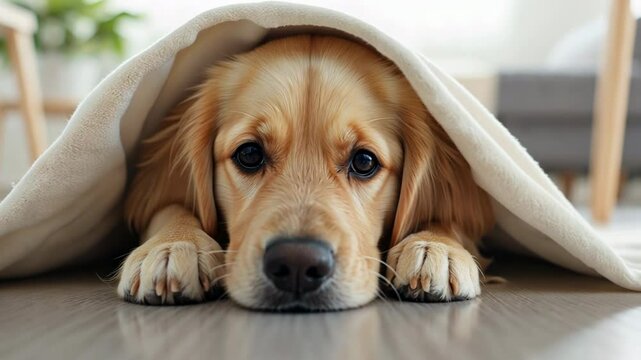 Golden retriever dog hiding under white blanket on floor, looking sad or anxious with big eyes. Cute pet portrait showing comfort seeking behavior or fear of loud noises like thunder