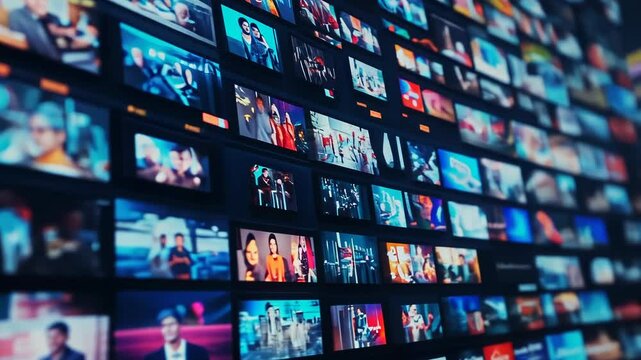 Streaming service interface showing multiple TV show and movie thumbnails on digital screen