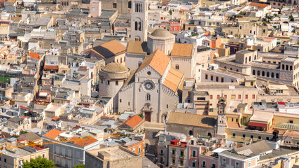 Aerial view of Bari Cathedral in Puglia, Italy. The Metropolitan Cathedral Basilica of Saint Sabinus is a Catholic church located in the historic center of the city, called Old Bari.