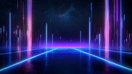 A vibrant neon-lit landscape with glowing lines and vertical beams, creating a futuristic, digital atmosphere. Stage for product presentation.