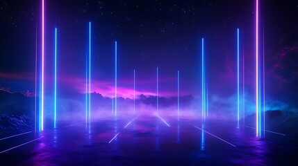 A vibrant night scene featuring glowing neon lights in a futuristic landscape, creating a surreal and captivating atmosphere. Stage for product presentation.