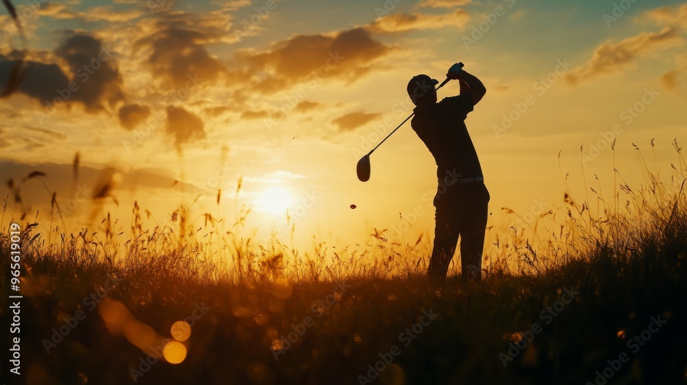 Wall mural Silhouette of a golfer swinging a club at sunset on a golf course.