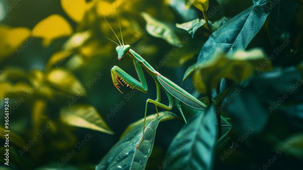 Poster a close-up of a praying mantis camouflaged among leaves, with its distinctive shape and texture blen