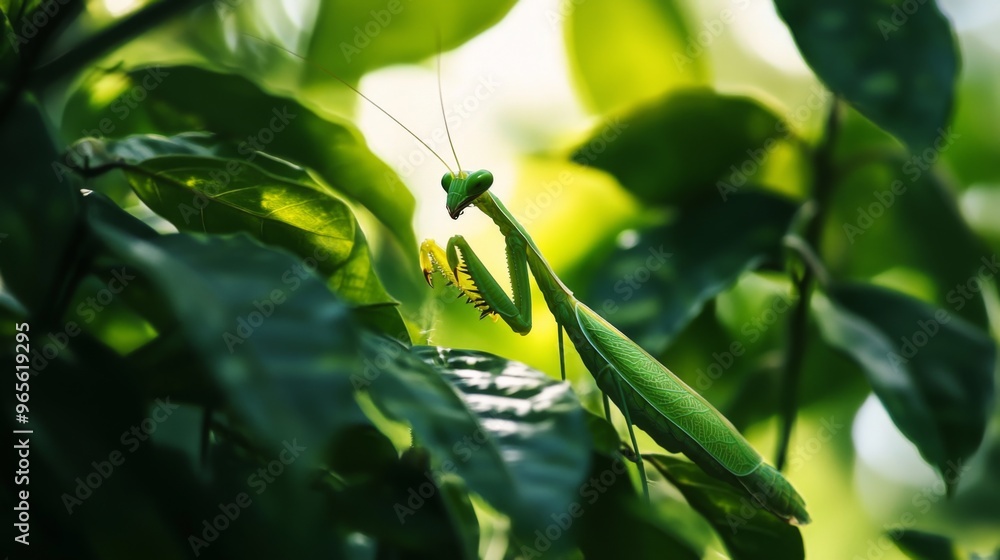Poster a close-up of a praying mantis camouflaged among leaves, with its distinctive shape and texture blen