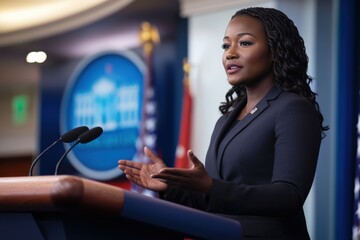 Powerful African American woman speaking at a presidential press briefing