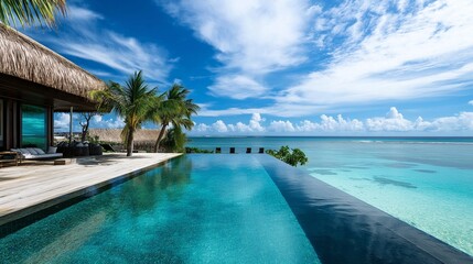 A luxurious villa perched on a cliff overlooking the tropical sea. 