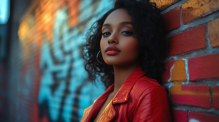 Naklejka premium Young Woman In Red Jacket Leaning Against Graffiti Brick Wall With Soft Sunset Light