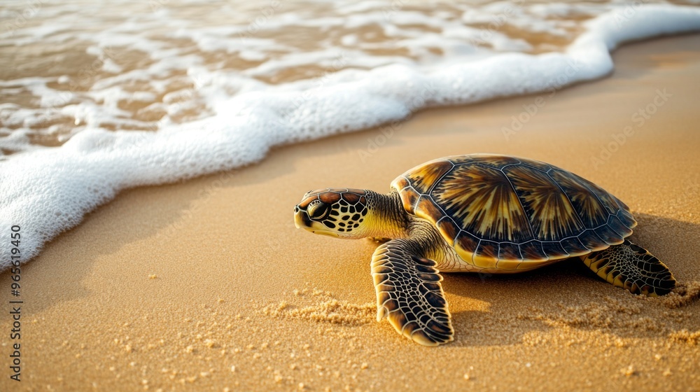 Poster a close-up of a sea turtle's shell and flippers on a sandy beach, with the ocean waves gently lappin