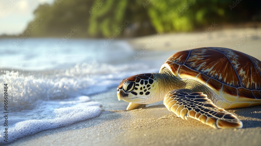 Poster a close-up of a sea turtle's shell and flippers on a sandy beach, with the ocean waves gently lappin