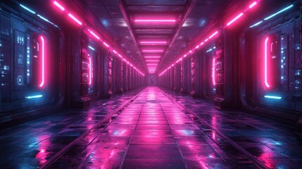Neon-lit corridor with reflective surfaces and futuristic design.