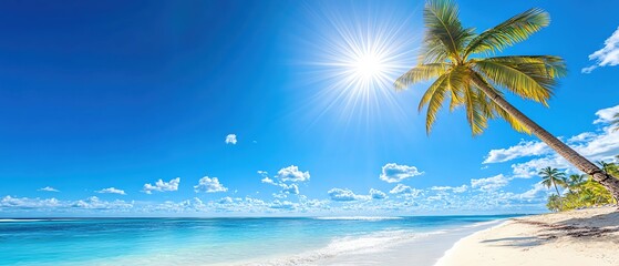 Fototapeta premium Tropical sun shining brightly over a palmlined beach, warm weather, summer vibes