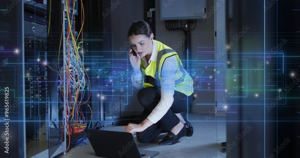 Poster image of circuit board and data processing over caucasian female it engineer by computer servers