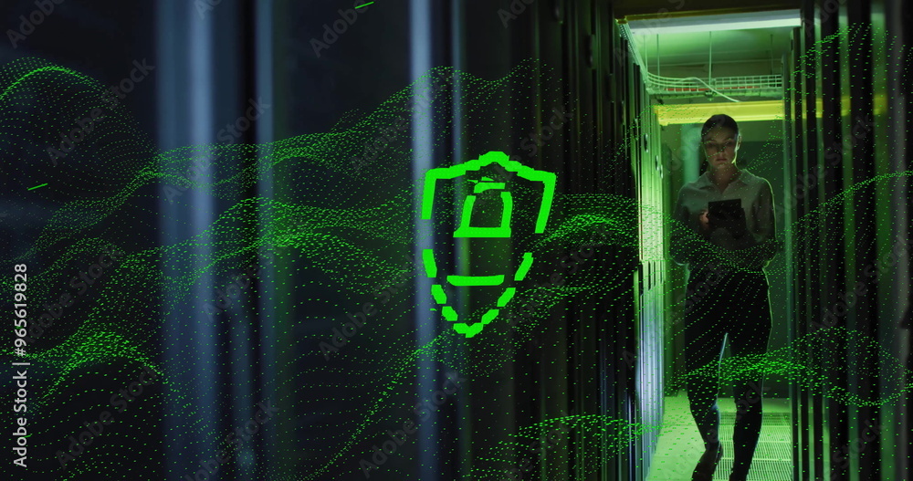 Poster image of padlock icon and data processing over caucasian female it engineer by computer servers