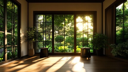 Sunlit room with large windows opening to lush garden, wooden floors, and potted plants, creating a tranquil and nature-connected space.