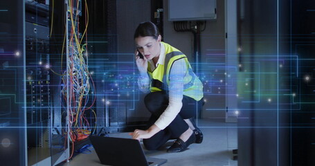 Image of circuit board and data processing over caucasian female it engineer by computer servers