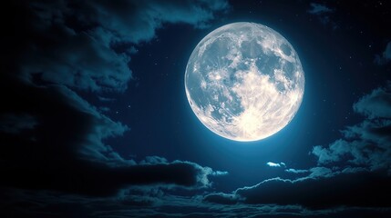 Bright moon shining through a partly cloudy night sky, clear weather, tranquil evening