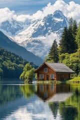 Fototapeta premium A small wooden cottage in front of a snow capped moutain at a beautiful lake with reflection 