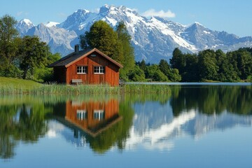 Fototapeta premium A small wooden cottage in front of a snow capped moutain at a beautiful lake with reflection 