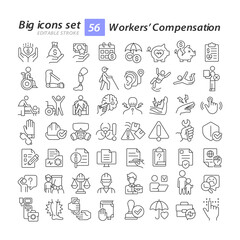 Workers compensation linear icons set. Workplace safety. Medical care. Hospitalization, insurance. Customizable thin line symbols. Isolated vector outline illustrations. Editable stroke
