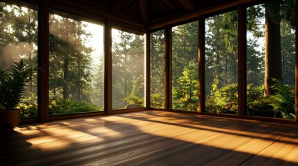 Sunlit wooden room with large windows offering a tranquil view of lush forest foliage, ideal for relaxation and peaceful reflection.