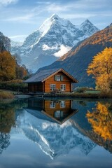 Fototapeta premium A small wooden cottage in front of a snow capped moutain at a beautiful lake with reflection 