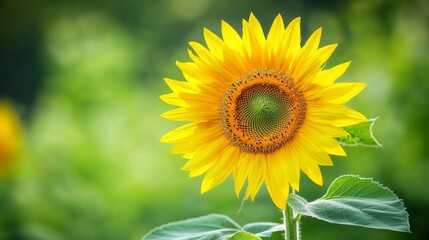 Fototapeta premium A close-up of a single sunflower with vibrant yellow petals against a blurred green background, capturing the details of the flower's center.