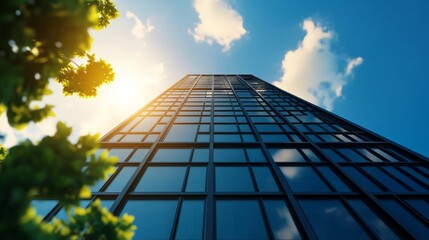 Fototapeta premium Tall glass building with blue sky and clouds, viewed from below with sunlight shining. Modern architecture and urban skyline scene.