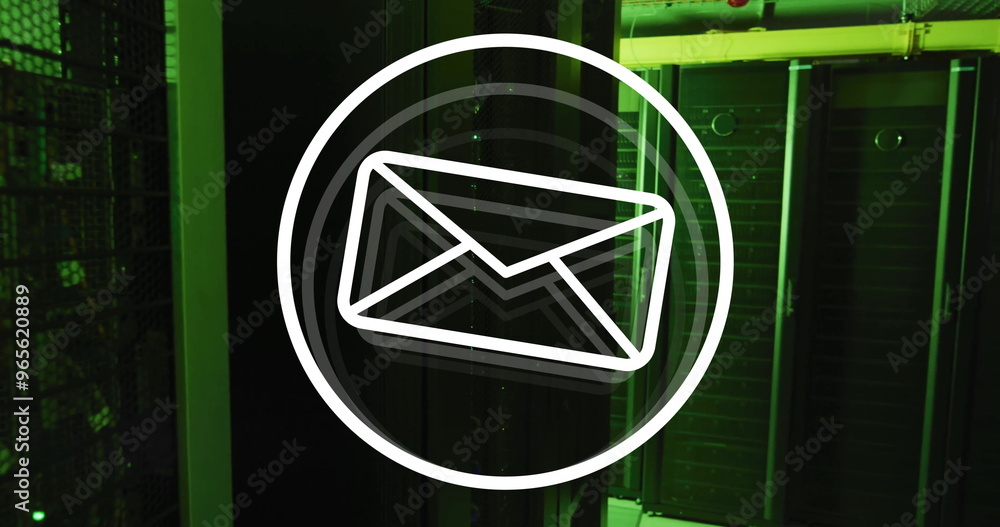 Poster image of envelope email icon over dark computer server room