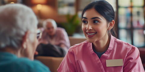 Pflegerin im Gespräch mit Seniorin im Pflegeheim