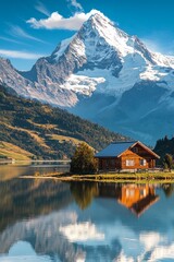 Fototapeta premium A small wooden cottage in front of a snow capped moutain at a beautiful lake with reflection 