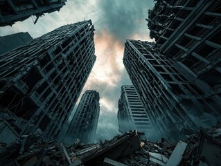 Ruined buildings, collapsed skyscrapers, post-apocalyptic, dark and moody atmosphere