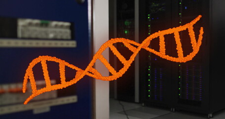 Image of orange dna strand over dark computer servers