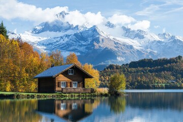 Fototapeta premium A small wooden cottage in front of a snow capped moutain at a beautiful lake with reflection 