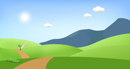 Fototapeta premium 3d landscape mountain and hills illustration with 3d trees, cloud and sun. vector illustration. 