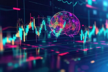 Colorful digital brain overlaid on a financial chart, symbolizing AI and data analysis in modern technology and finance.