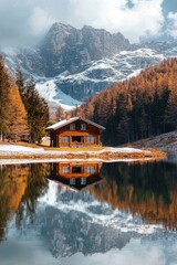 Obraz premium A small wooden cottage in front of a snow capped moutain at a beautiful lake with reflection 