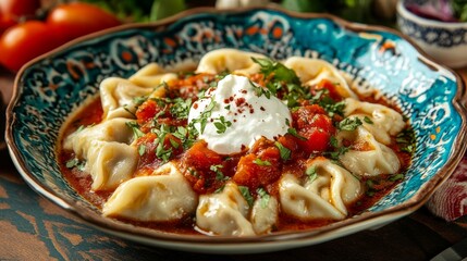 Turkish traditional food ravioli with yoghurt and tomato sauce in plate, manti 