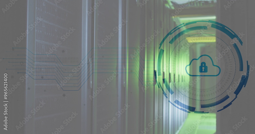 Poster image of padlock, cloud and digital data processing over computer servers