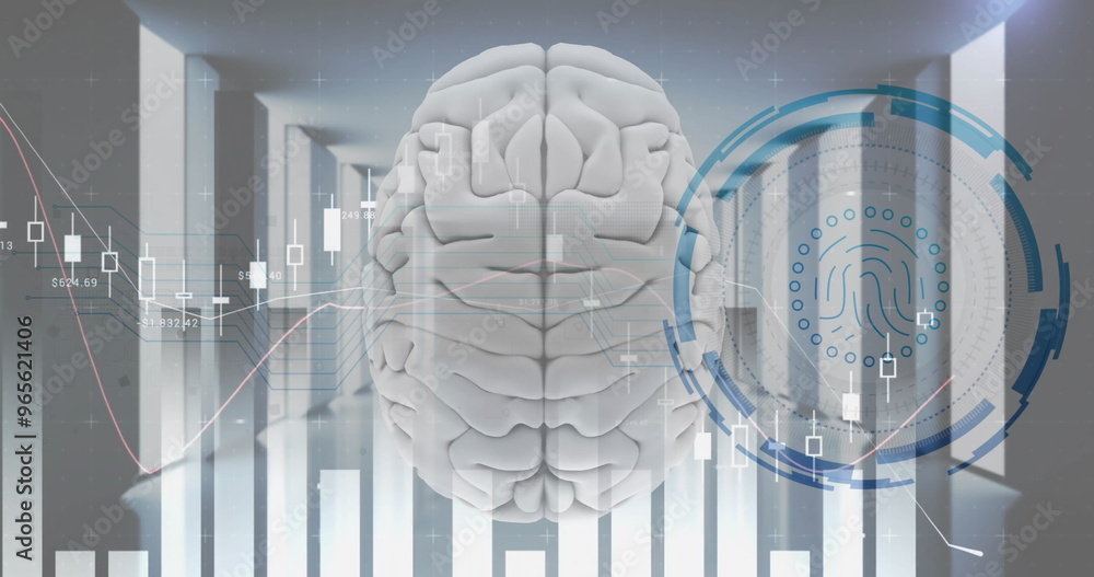 Poster image of biometric fingerprint and digital data processing over brain ancomputer servers