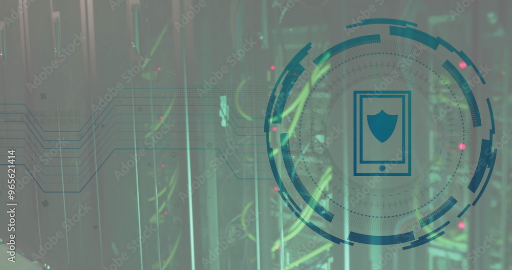 Poster image of shield and digital data processing over computer servers