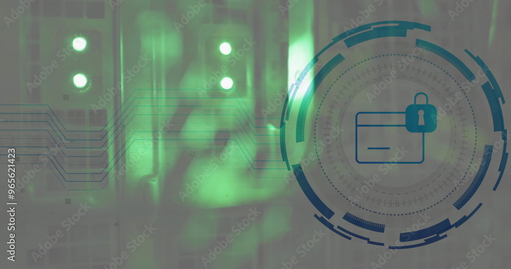Poster image of padlock and digital data processing over computer servers
