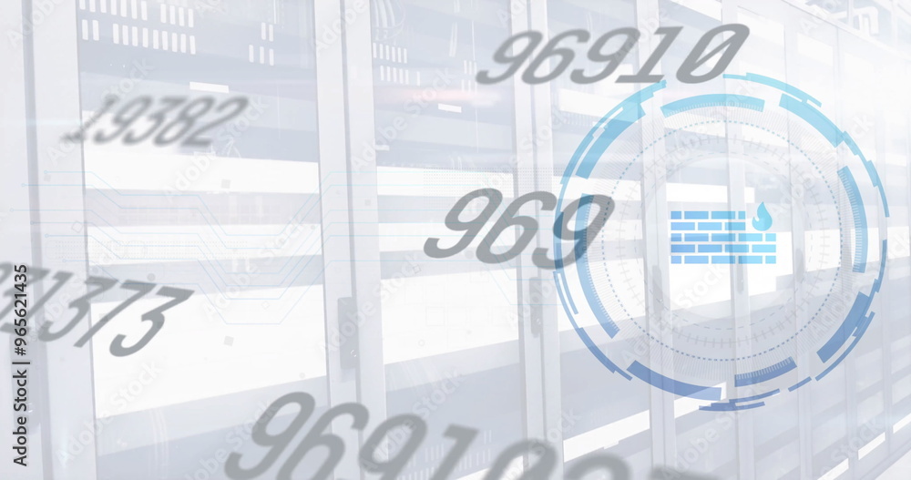 Aufkleber image of firewall and digital data processing over computer servers