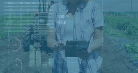 Image of financial data processing over caucasian woman with tablet in field