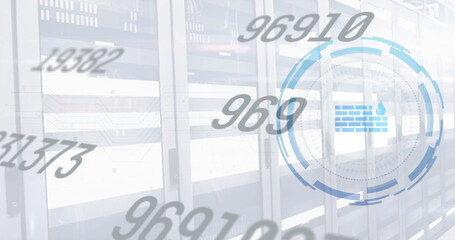 Image of firewall and digital data processing over computer servers