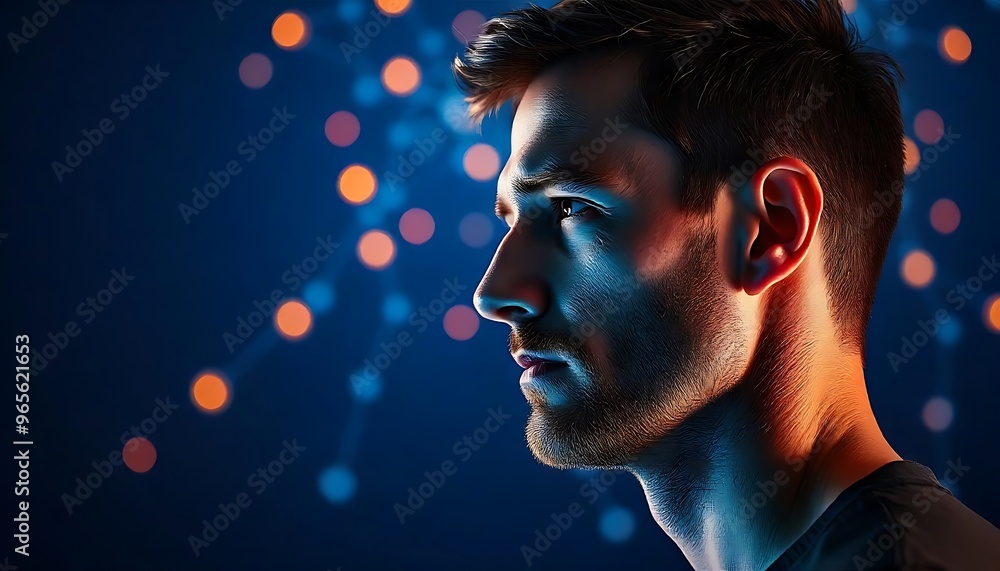 Fototapete Portrait of man male face side view on dark blue banner background with copy space for text, glowing neon network nodes. cyberspace, illustration created with generative ai